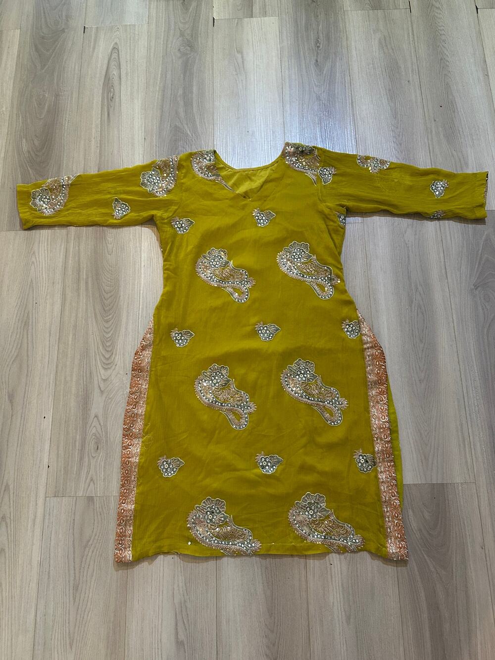 Vintage Mustard Olive Green Georgette Kurta Tunic Heavily Embroidered Gota Patti